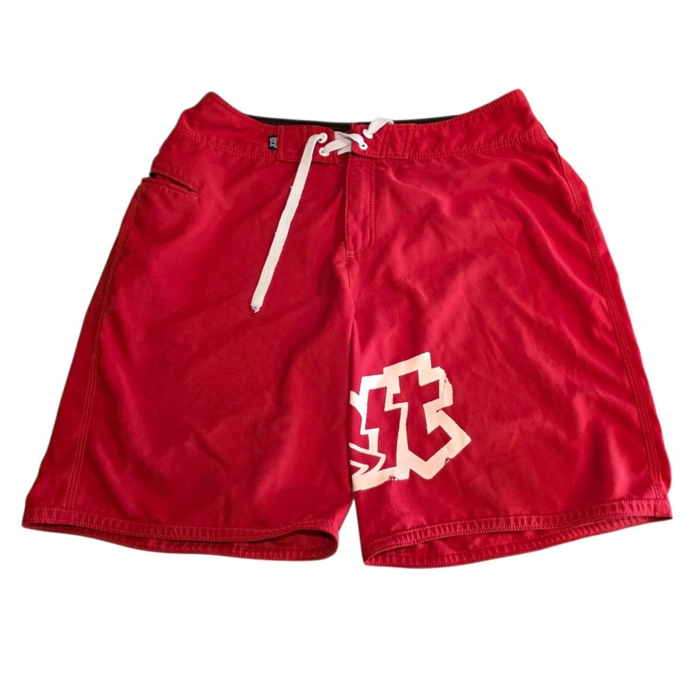 Lost Mayhem Enterprises Mens Red Board Shorts Swim Trunks Size 34 Graphic‎ Logo